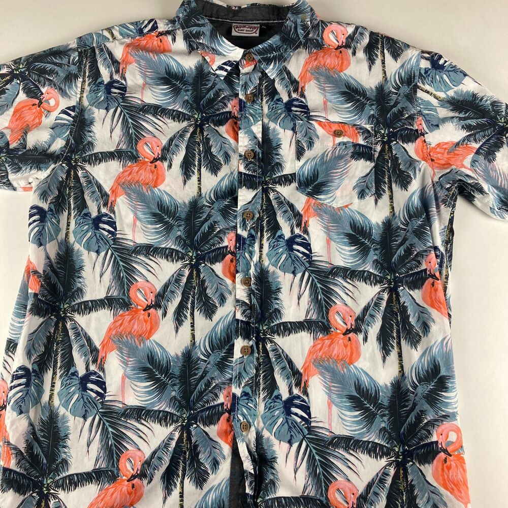 Ron Jon Surf Shop Shirt Mens XL Flamingo Palm Hawaiian Button Up